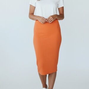 Boutique Orange Ribbed Bodycon Midi Skirt Side Slit Womens XS